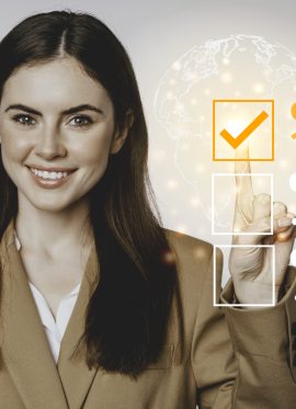 Young business woman checking on satisfaction checklist box.Copy space.